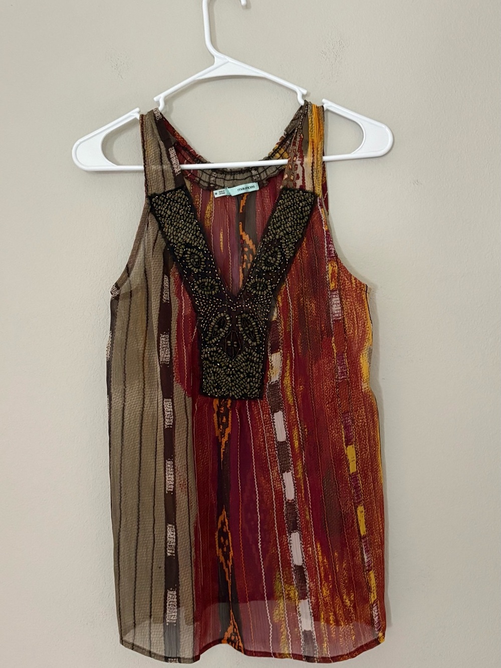 Maurices Sheer Boho Beaded V-Neck Tank Top Size M Geometric